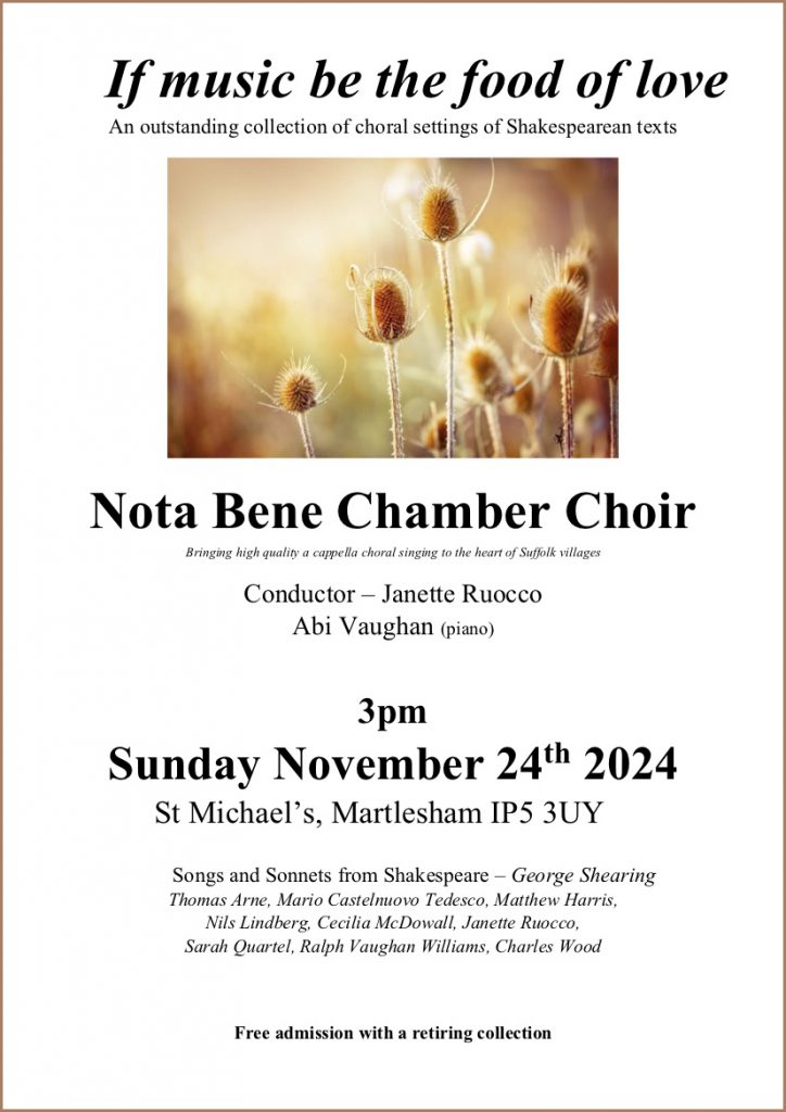 poster for Nota bene Chanber Choir Concert 3pm Sunday November 24th 2024 st michael's martlesham heath