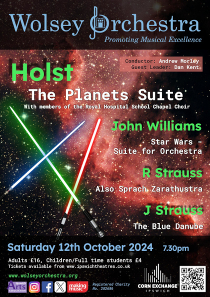 poster for Wolsey orchestra concert staurday 12th october 2024, ipswich corn exchange
