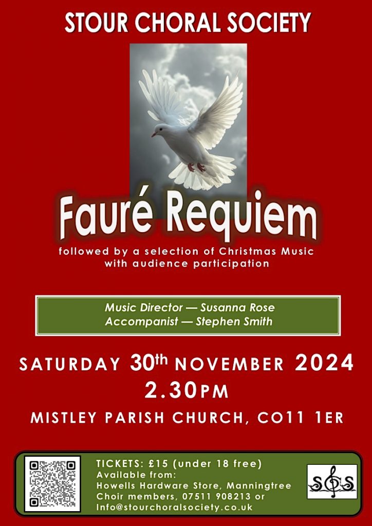 poster for Stour choral Society Autumn Concert - 30th november 2024 at 2.30pm. Mistley Parish Church CO11 1ER