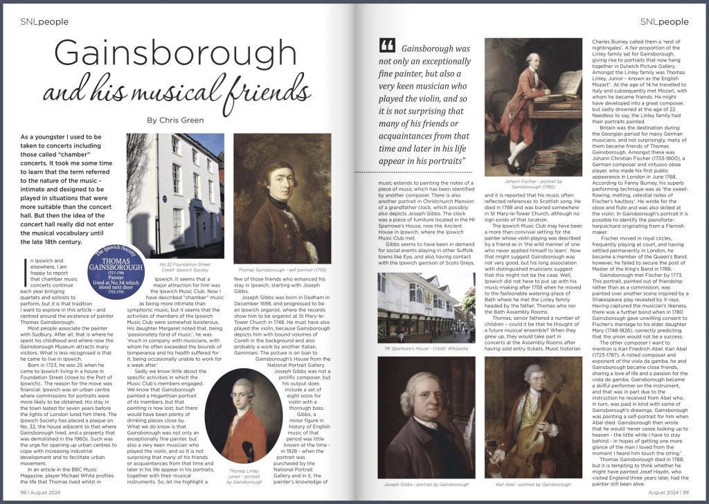 gainsborough and his musical friends, article by Chris Green for Suffolk Norfolk Life magazine